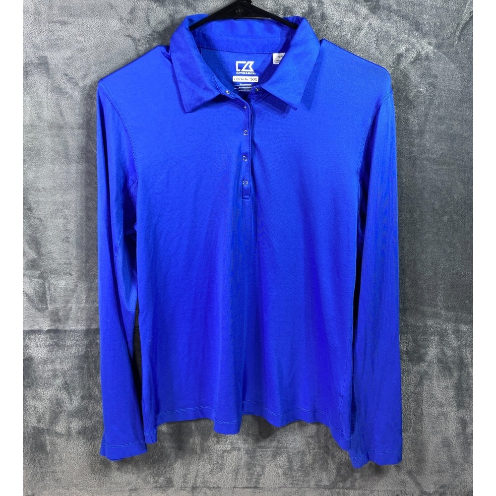 Cutter & Buck CB DryTec Shirt Womens M Pullover Blue Golf Pearl Snap Long Sleeve